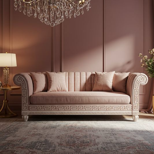 Elegant Inlay Upholstered Sofa with Greek Key Detailing | Luxury Handmade Sofa