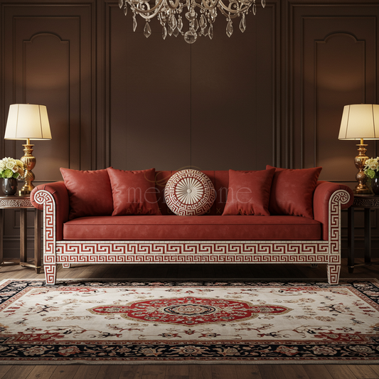 Luxury Red Inlay Sofa with Classic Greek Key Pattern | Luxury Handmade Sofa
