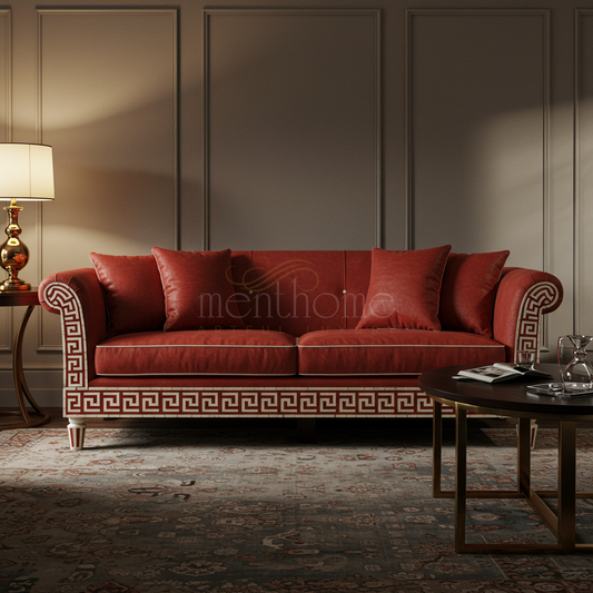 Luxurious Inlay Pattern Red Velvet Sofa | Luxury Handmade Sofa