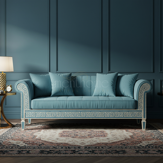 Elegant Inlay Patterned Classic Blue Sofa | Luxury Handmade Sofa