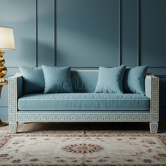 Elegant Blue Inlay Greek Key Sofa | Luxury Handmade Sofa