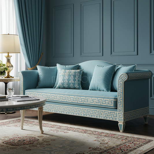 Elegant Blue Inlay Sofa with Classic Greek Key Design | Luxury Handmade Sofa