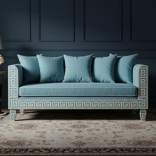 Elegant Blue Inlay Sofa with Geometric Pattern | Luxury Handmade Sofa
