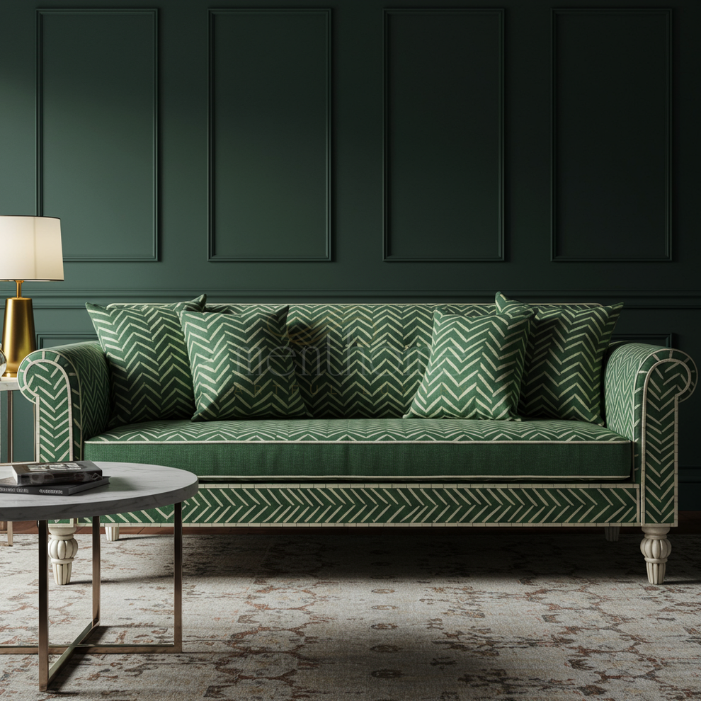 Elegant Green Inlay Sofa With Chevron Pattern – chevron sofa
