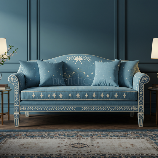 Luxury Blue Hand-Inlay Sofa with Floral Motifs | Luxury Handmade Sofa