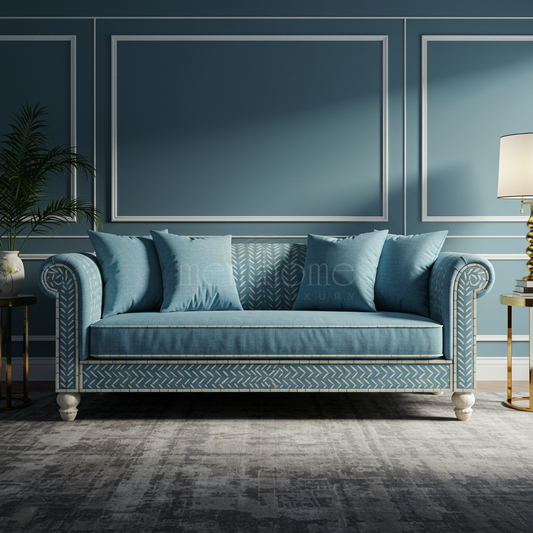 Elegant Blue Inlay Fabric Sofa | Luxury Handmade Sofa