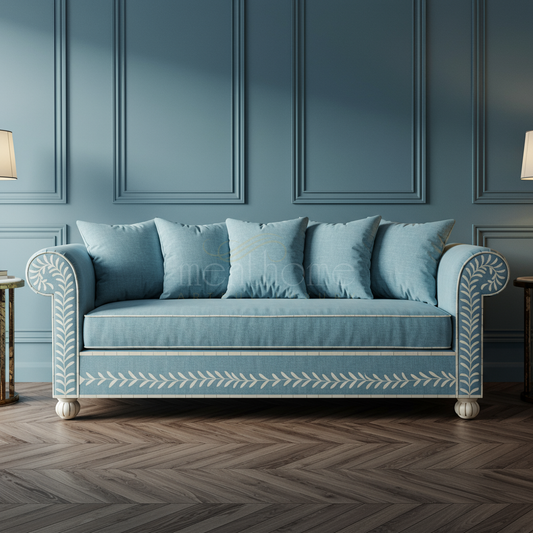 Elegant Blue Inlay Sofa with Decorative Leaf Motif | Luxury Handmade Sofa