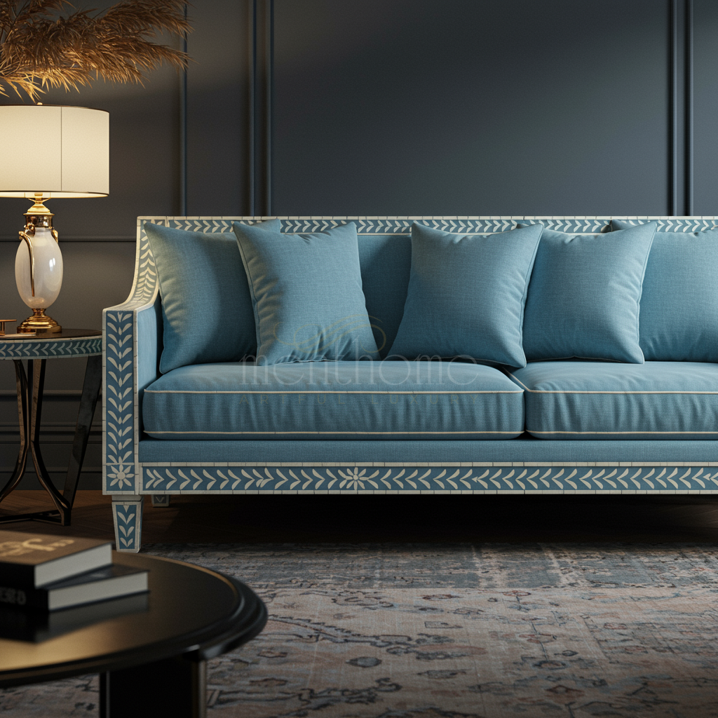 Elegant Blue Inlay Sofa with Floral Motif | Luxury Handmade Sofa