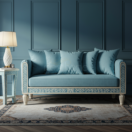 Elegant Blue Inlay Sofa with Floral Detailing | Luxury Handmade Sofa