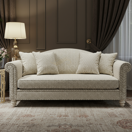 Elegant Beige Inlay Sofa with Chevron Pattern | Luxury Handmade Sofa