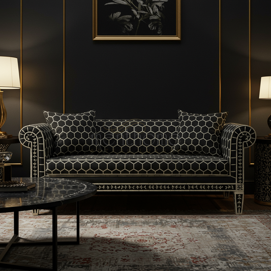 Luxury Black Geometric Inlay Sofa | Luxury Handmade Sofa