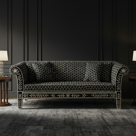 Luxury Black Inlay Sofa with Geometric and Floral Design | Luxury Handmade Sofa