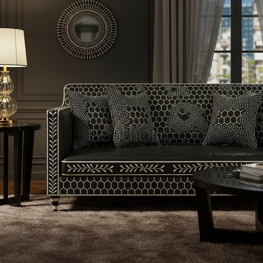 Elegant Black Inlay Sofa with Geometric and Floral Patterns | Luxury Handmade Sofa