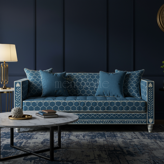 Luxury Blue Inlay Sofa with Geometric and Floral Patterns | Luxury Handmade Sofa