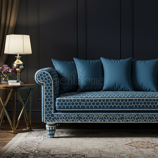 Luxury Blue Geometric Pattern Inlay Sofa | Luxury Handmade Sofa