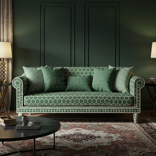 Elegant Green Inlay Sofa with Geometric Patterns | Luxury Handmade Sofa