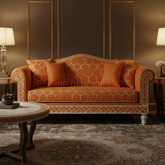 Elegant Orange Inlay Sofa with Geometric Pattern | Luxury Handmade Sofa