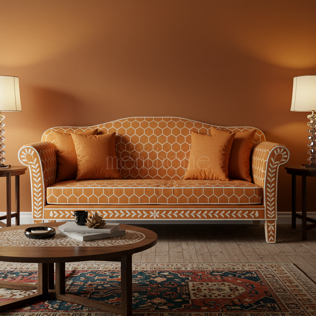 Handcrafted Inlay Pattern Sofa in Warm Terracotta | Luxury Handmade Sofa