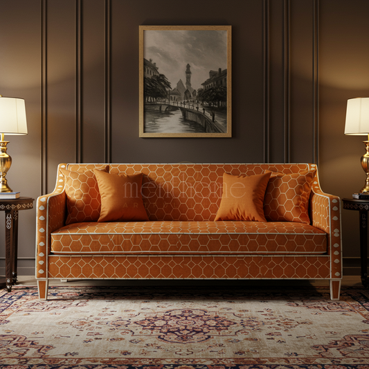 Inlay Hexagon Patterned Orange Sofa | Luxury Handmade Sofa