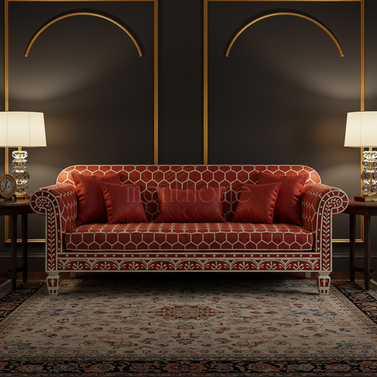 Luxury Red Inlay Sofa with Geometric Pattern | Luxury Handmade Sofa
