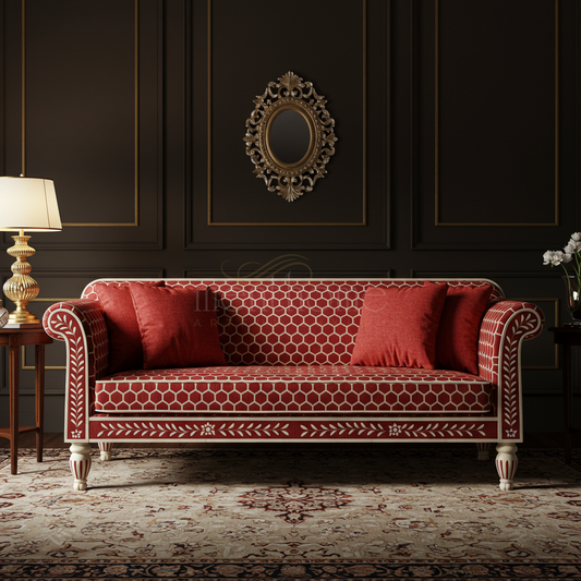 Elegant Red Inlay Sofa with Geometric Pattern | Luxury Handmade Sofa