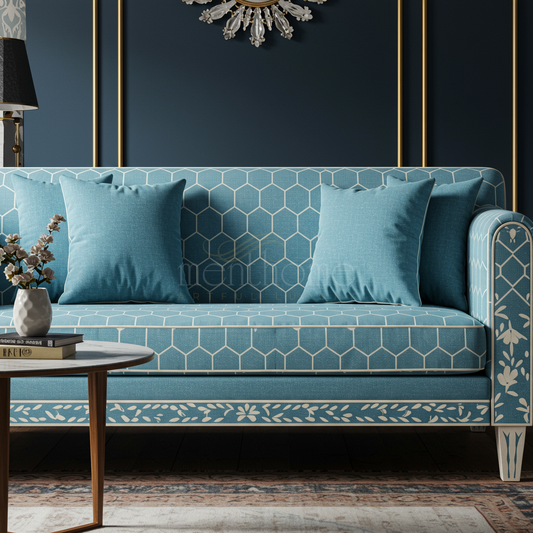 Luxurious Blue Inlay Sofa with Geometric and Floral Motifs | Luxury Handmade Sofa