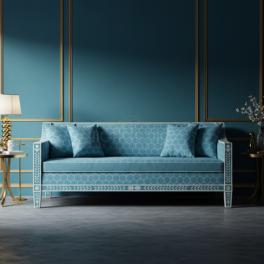 Luxury Blue Inlay Sofa with Geometric Pattern | Luxury Handmade Sofa