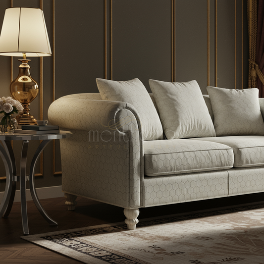 Classic Rolled Arm Sofa with Hex Pattern Upholstery | Luxury Handmade Sofa