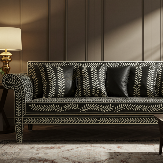 Black and Ivory Inlay Leaf Pattern Sofa | Luxury Handmade Sofa