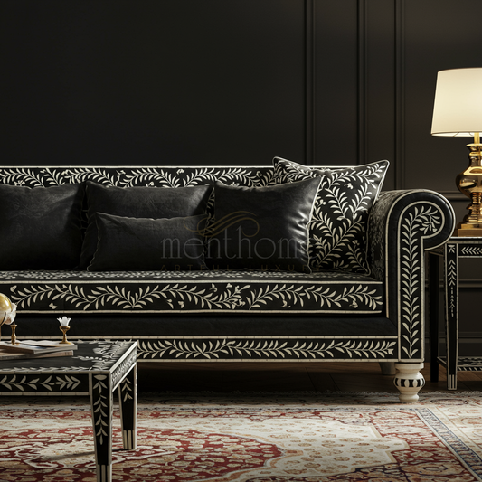 Luxury Black and White Floral Inlay Sofa | Luxury Handmade Sofa