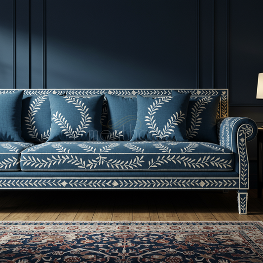Luxury Blue Inlay Sofa with Botanical Motif | Luxury Handmade Sofa
