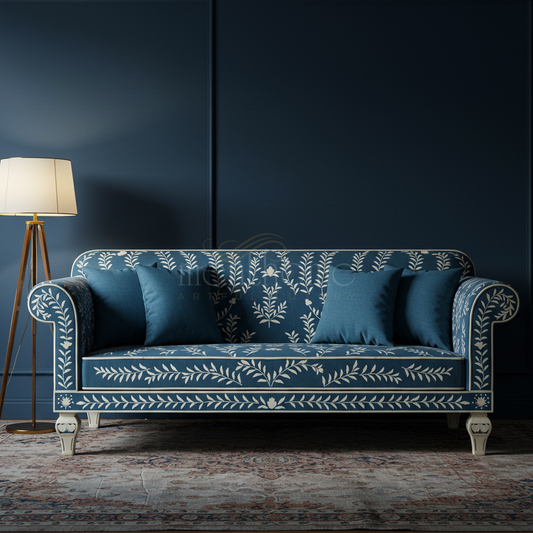 Luxury Blue Inlay Sofa with Floral Motif | Luxury Handmade Sofa