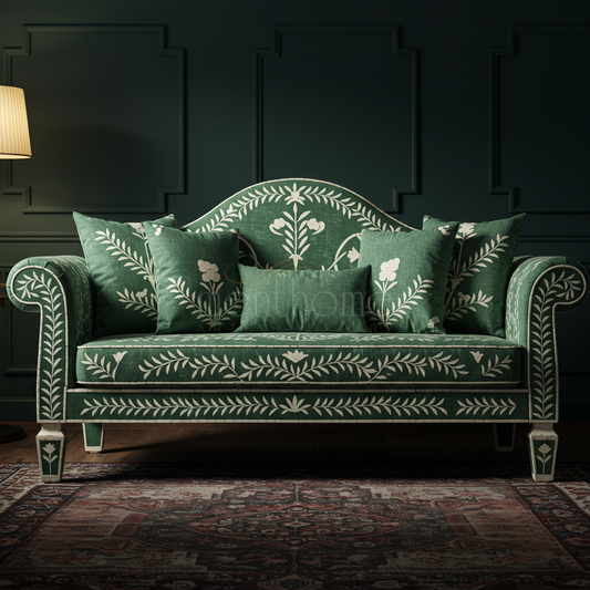 Elegant Green Inlay Sofa with Floral Motif | Luxury Handmade Sofa