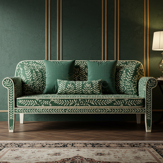 Green Floral Inlay Sofa | Luxury Handmade Sofa