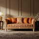 Elegant Inlay Floral Pattern Sofa with Rust Orange Cushions | Luxury Handmade Sofa