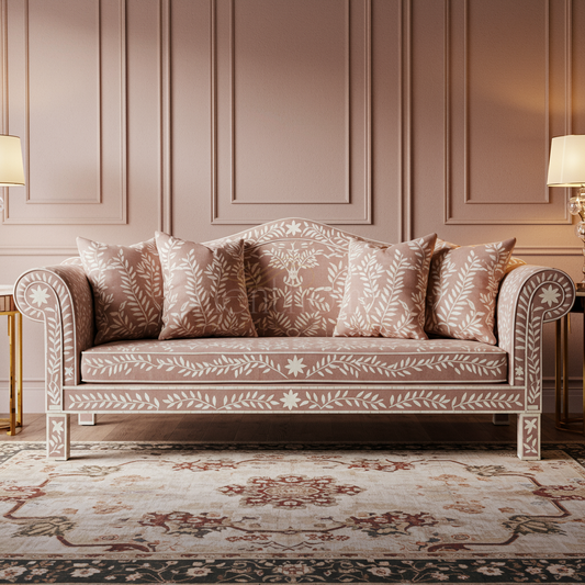 Elegant Blush Pink Inlay Sofa with Floral Motif | Luxury Handmade Sofa