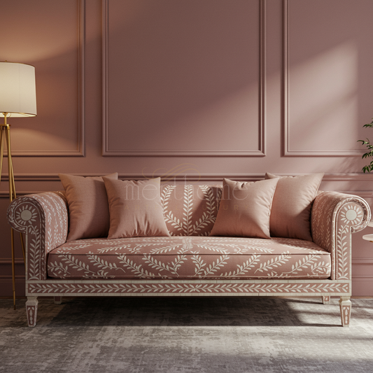 Elegant Pink Inlay Sofa with Leaf Motif | Luxury Handmade Sofa
