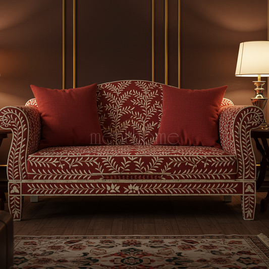 Handcrafted Red Inlay Sofa with Leaf Motif | Luxury Handmade Sofa