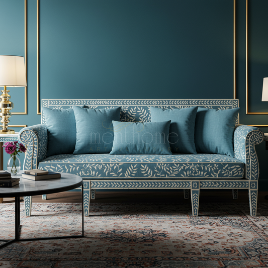 Elegant Blue Inlay Sofa with Leaf Motif | Luxury Handmade Sofa