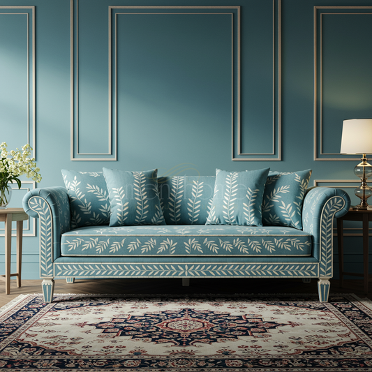 Elegant Blue Inlay Sofa with Leaf Pattern | Luxury Handmade Sofa