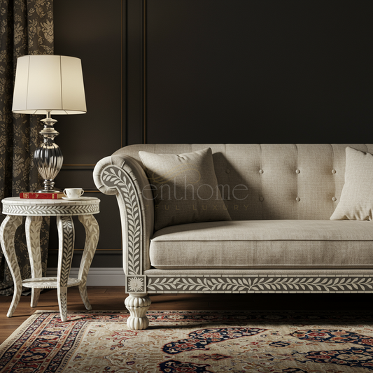 Handcrafted Inlay Upholstered Sofa with Decorative Carved Details | Luxury Handmade Sofa