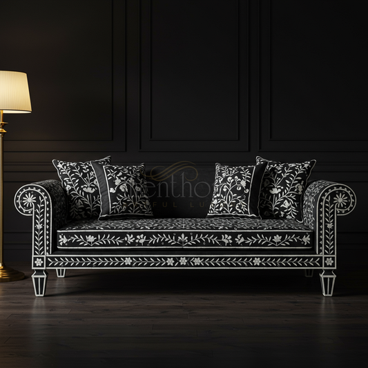Luxury Black and White Floral Inlay Sofa | Luxury Handmade Sofa