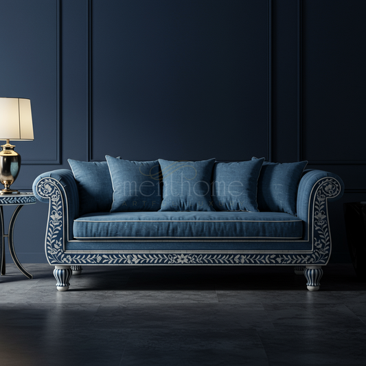 Luxurious Blue Inlay Sofa with Floral Motifs | Luxury Handmade Sofa