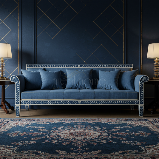 Elegant Blue Inlay Sofa with Floral Detailing | Luxury Handmade Sofa