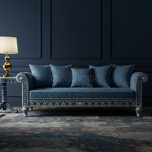 Luxurious Blue Inlay Sofa with Floral Detailing | Luxury Handmade Sofa