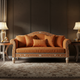 Artisanal Inlay Wood Sofa with Earthy Orange Upholstery | Luxury Handmade Sofa