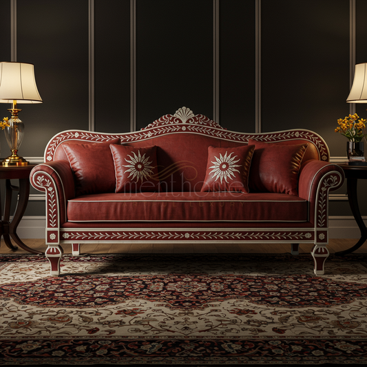 Luxury Red Leather Inlay Sofa with Intricate White Floral Detailing | Luxury Handmade Sofa