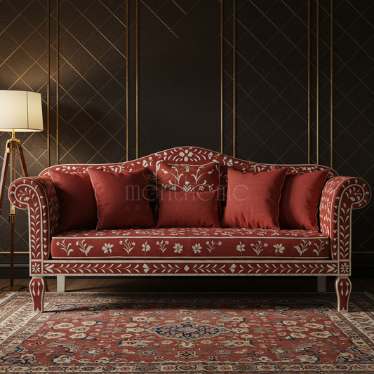 Elegant Red Inlay Sofa with Floral Motifs | Luxury Handmade Sofa