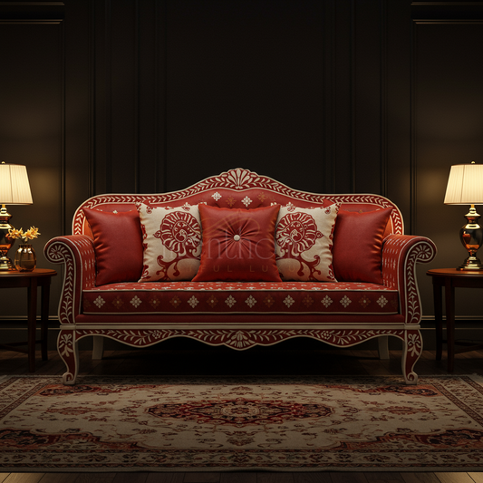 Elegant Red Inlay Sofa with Decorative Cushions | Luxury Handmade Sofa