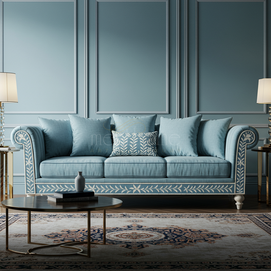 Elegant Blue Inlay Sofa with Floral Motif | Luxury Handmade Sofa